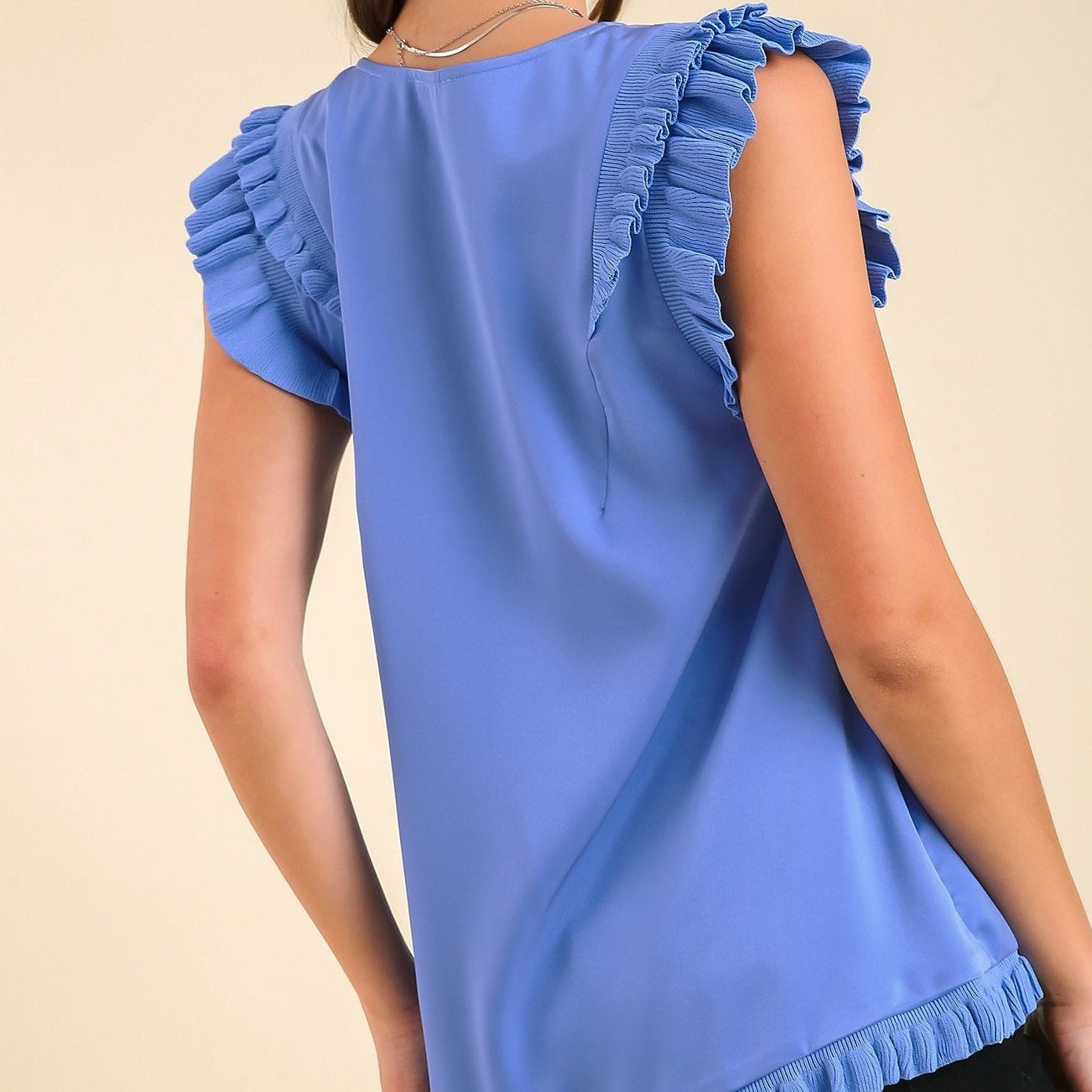 Woven & Jersey Mixed Media Top with Double Ruffle Layered Sleeves