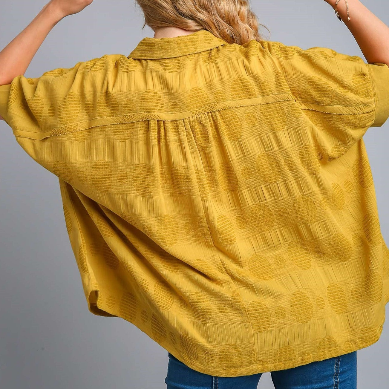Texture Fabric Button Down Polka Dot Detailed Top in Golden Kiwi