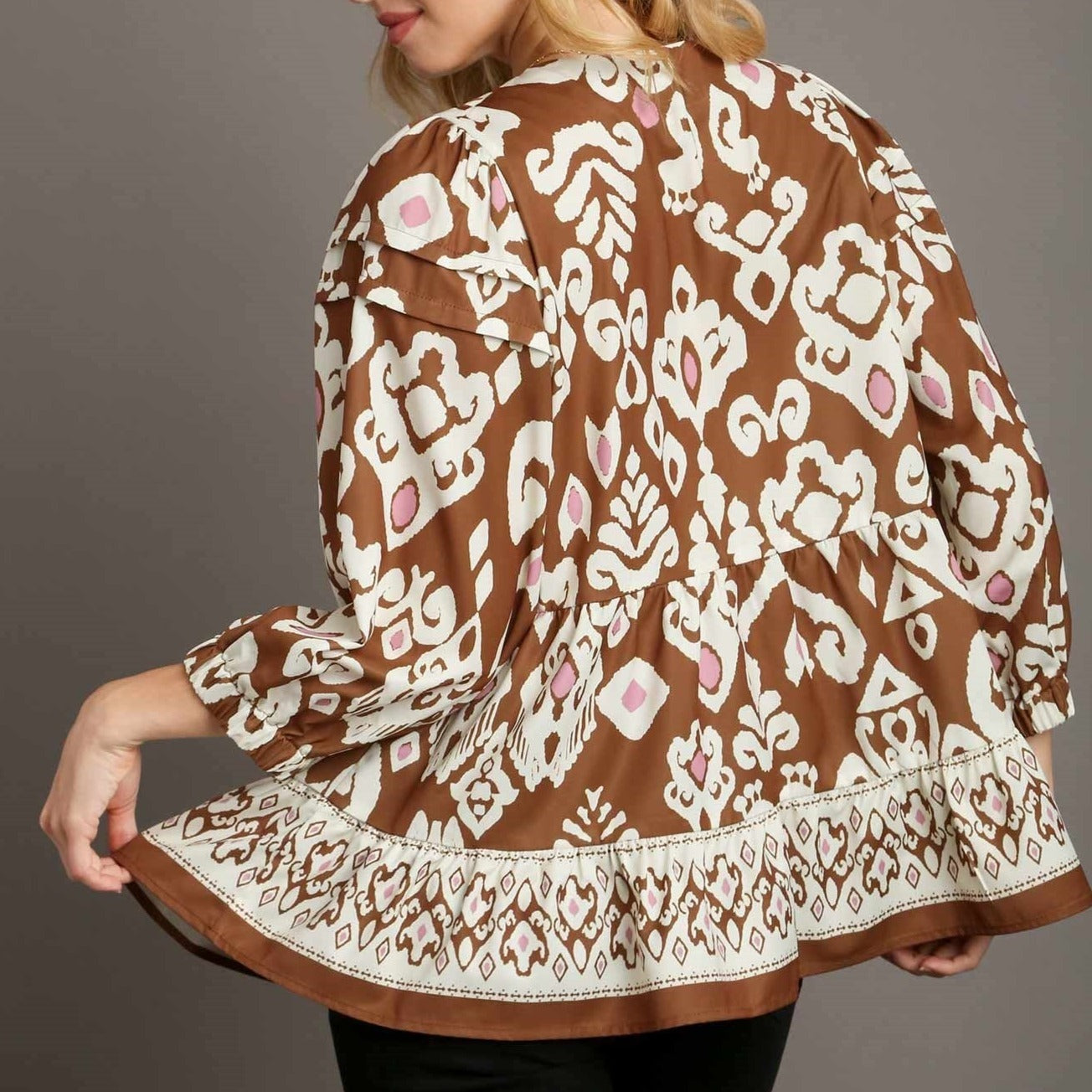 Aztec Printed V-Neck Top with Folded Detail Sleeves on
