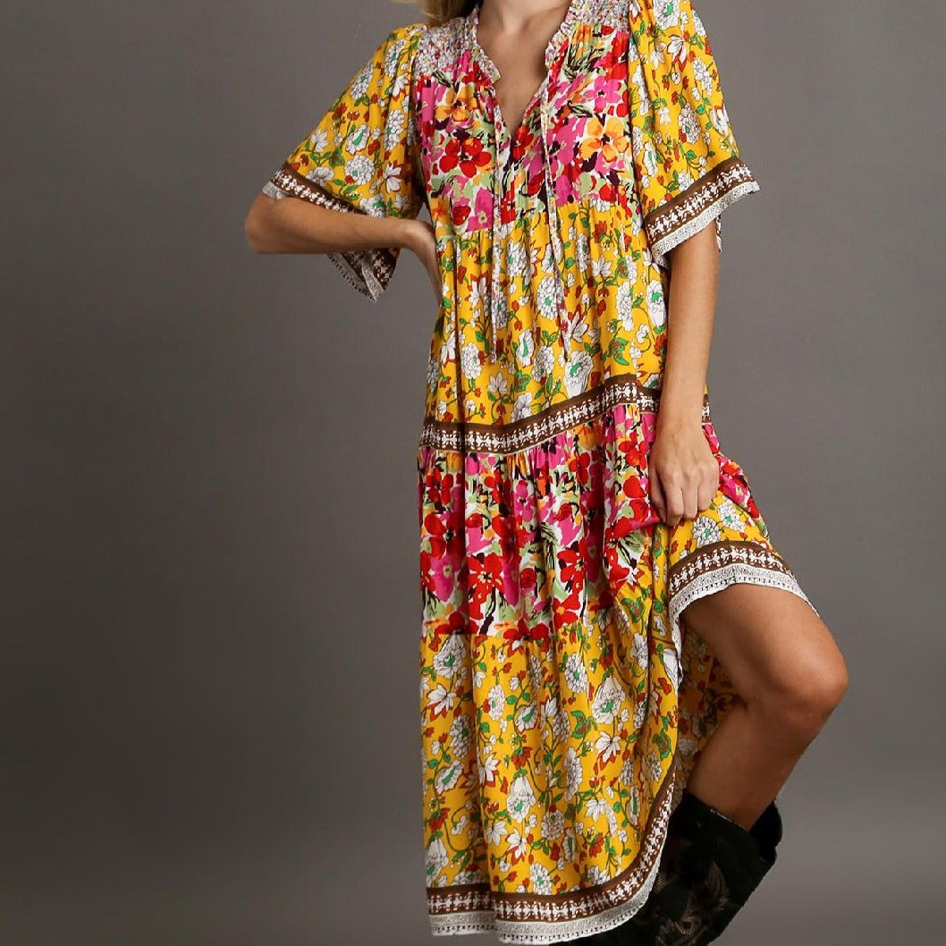 Mixed Floral Boarder Print Maxi Dress