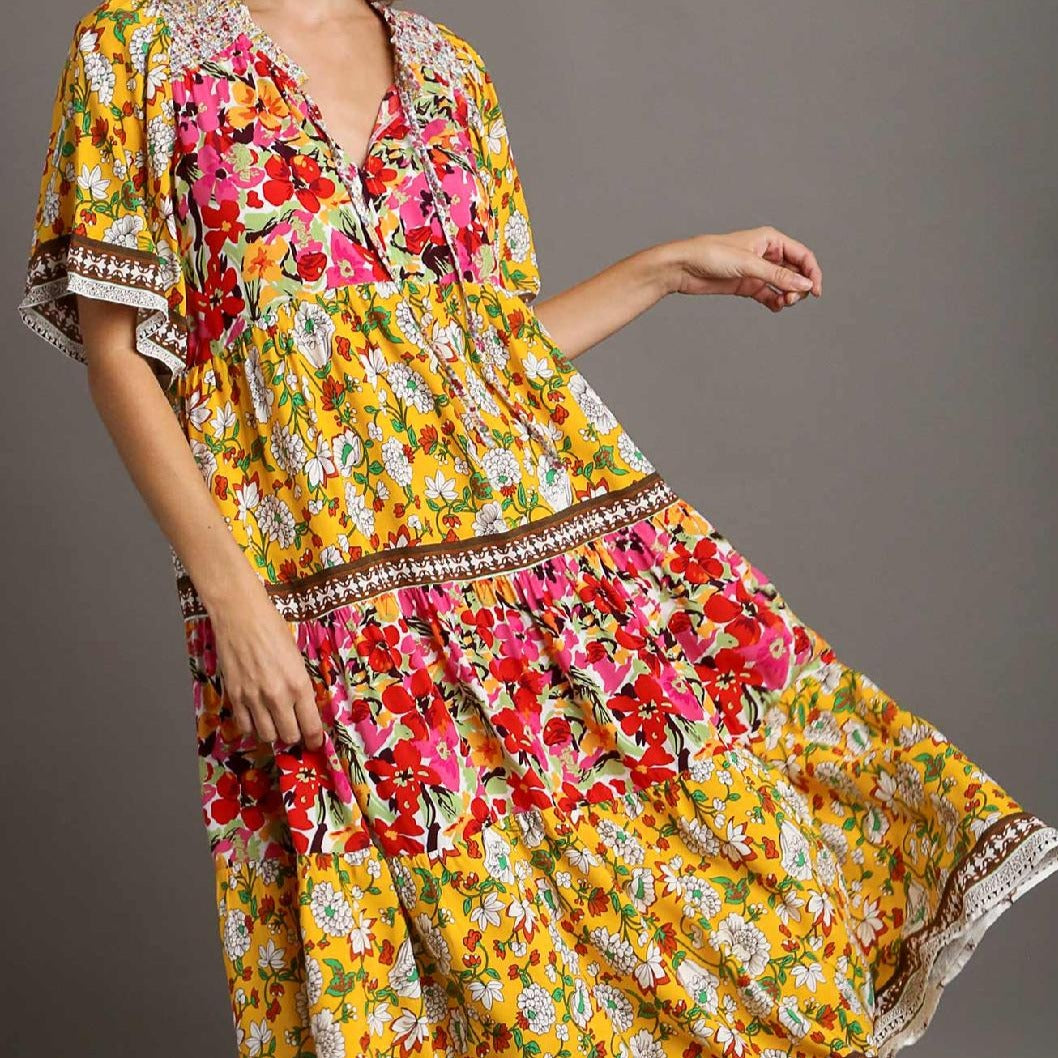 Mixed Floral Boarder Print Maxi Dress