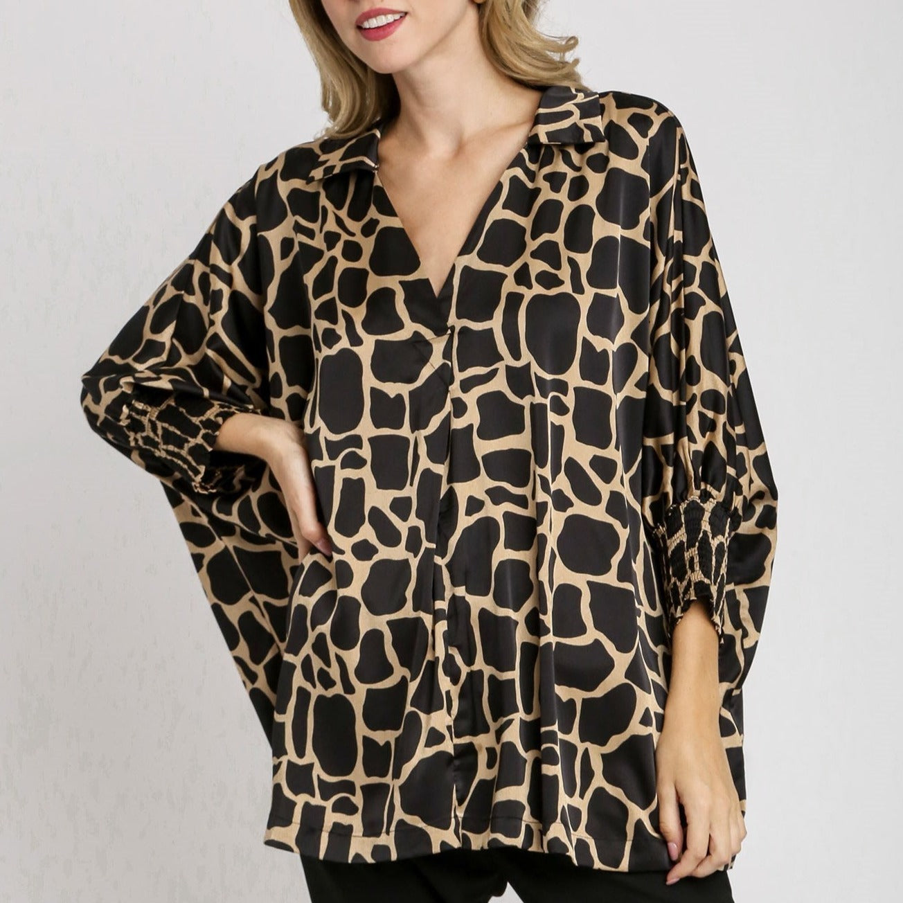 Satin Two Tone Giraffe Print Boxy Cut Oversized Collared Shirt