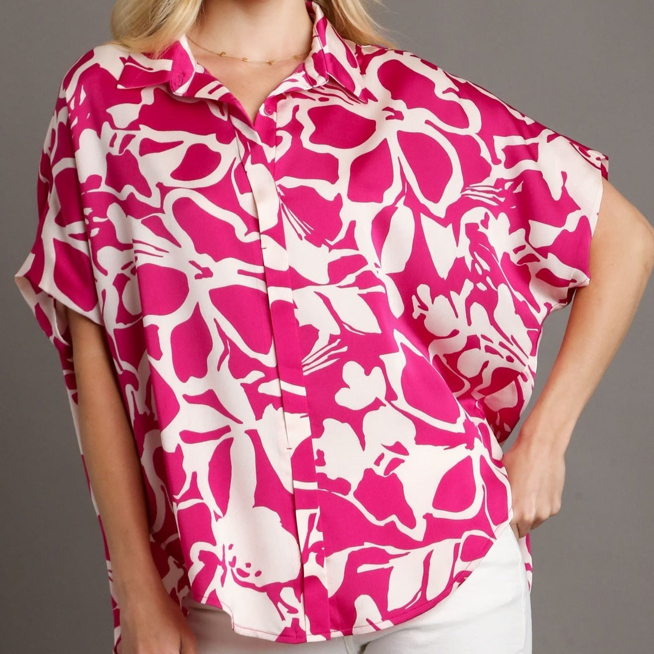 Two Tone Print Collared Button Down Top
