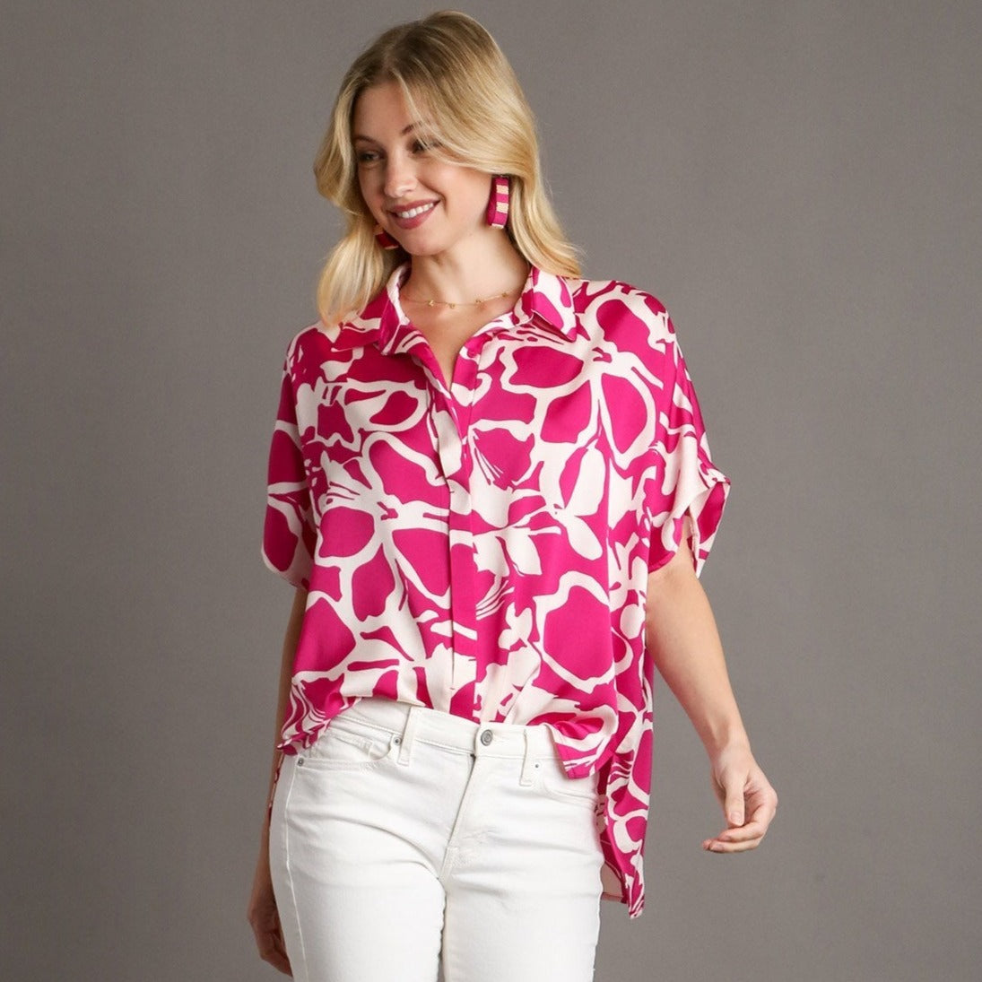 Two Tone Print Collared Button Down Top
