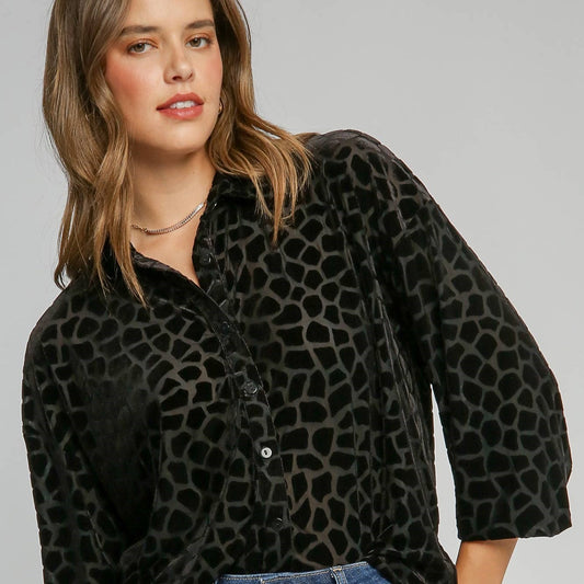 Button Down Burnout Velvet Collared Top