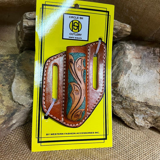 Contoured Floral Green and Tan Leather Knife Sheath