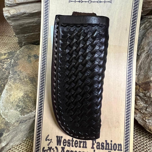 Tooled Basket Weave Leather Knife Sheath