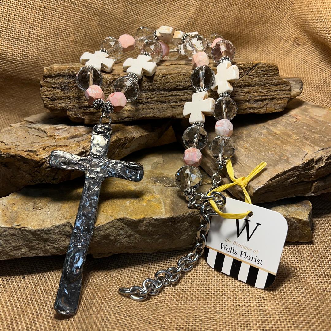 Multi Shape Pink and White Bold Bead Necklace with Large Hammered Cross Pendant