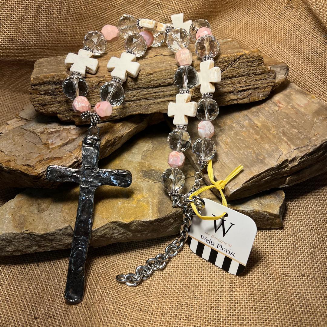 Multi Shape Pink and White Bold Bead Necklace with Large Hammered Cross Pendant