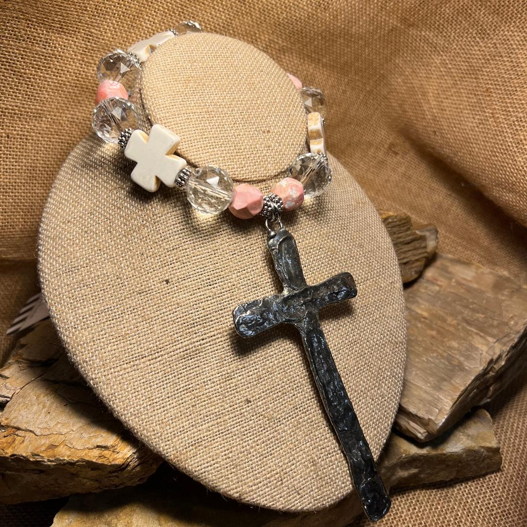 Multi Shape Pink and White Bold Bead Necklace with Large Hammered Cross Pendant