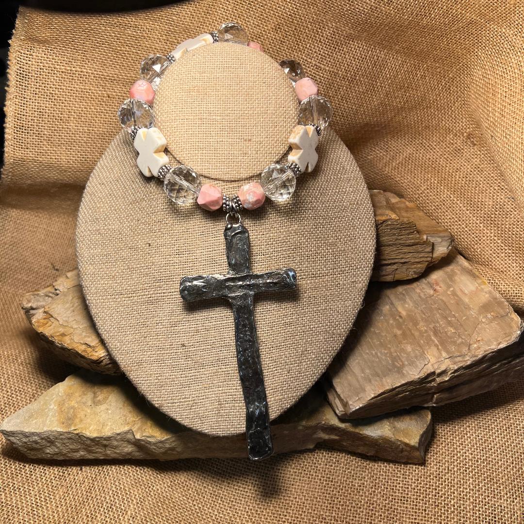 Multi Shape Pink and White Bold Bead Necklace with Large Hammered Cross Pendant