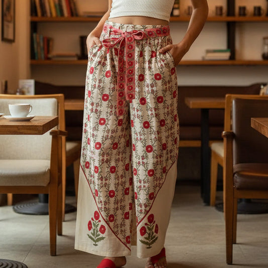 Waist Belt Floral Pattern Straight Fit Pants