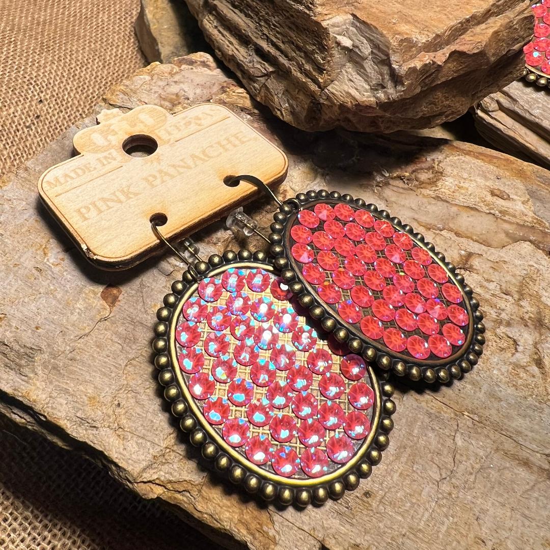 Pink Rhinestone and Metal Oval Earrings