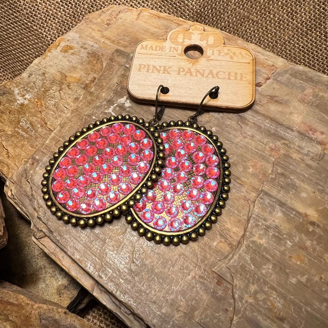 Pink Rhinestone and Metal Oval Earrings