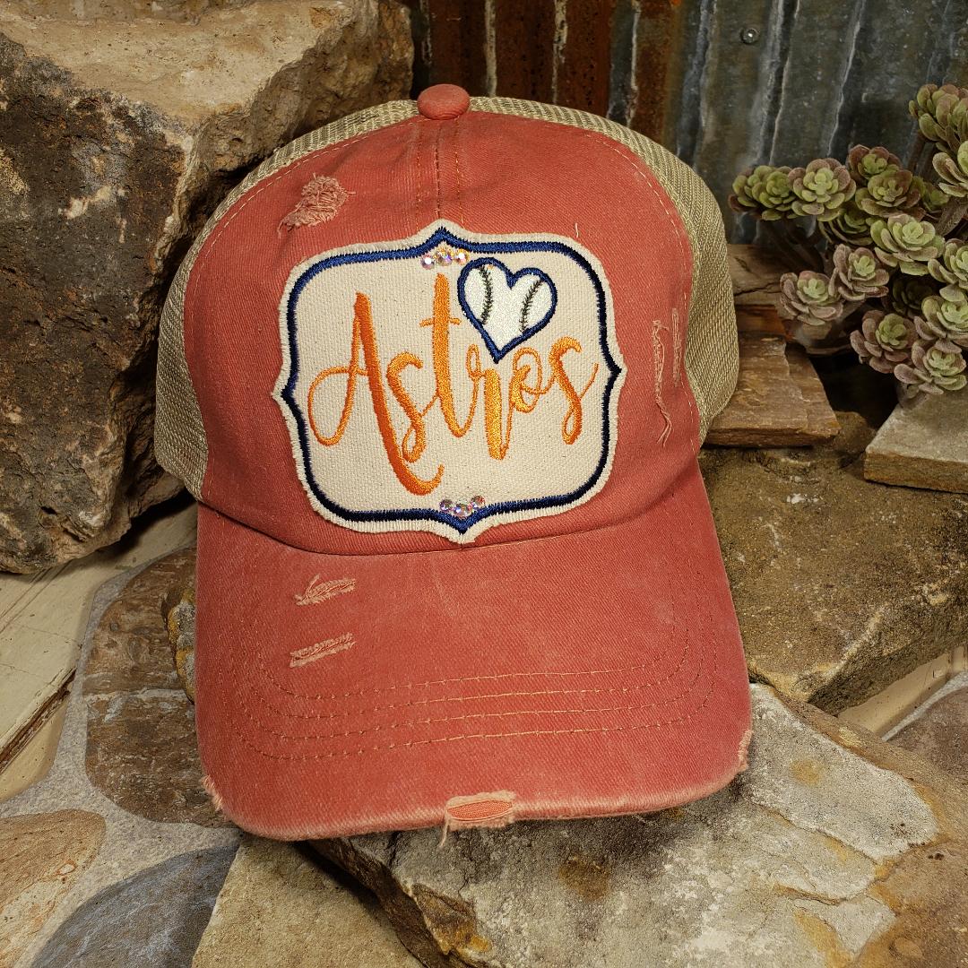 Love Astros Bling Embroidered Distressed Cream Orange Cap