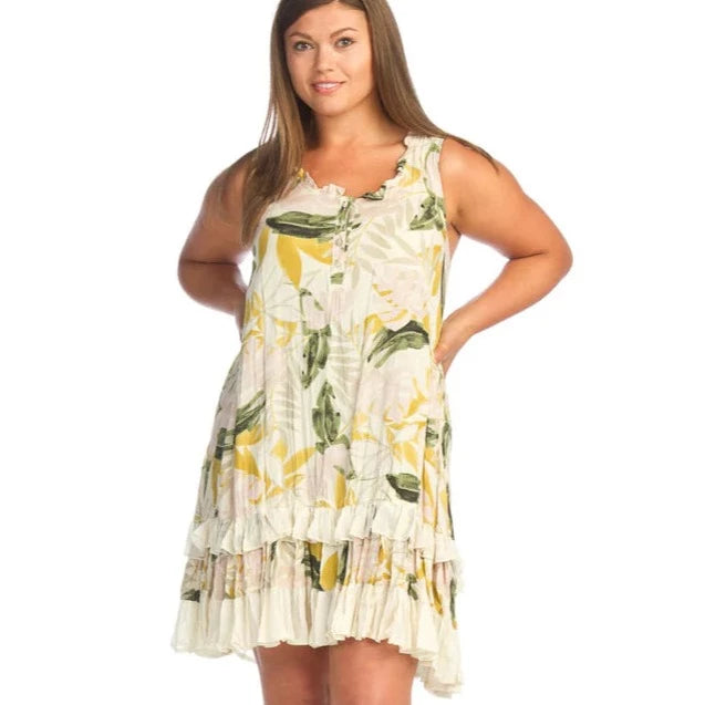 Tropical Print Ruffle Hem Dress