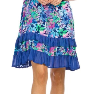 Blue Tropical Print Ruffle Hem Dress