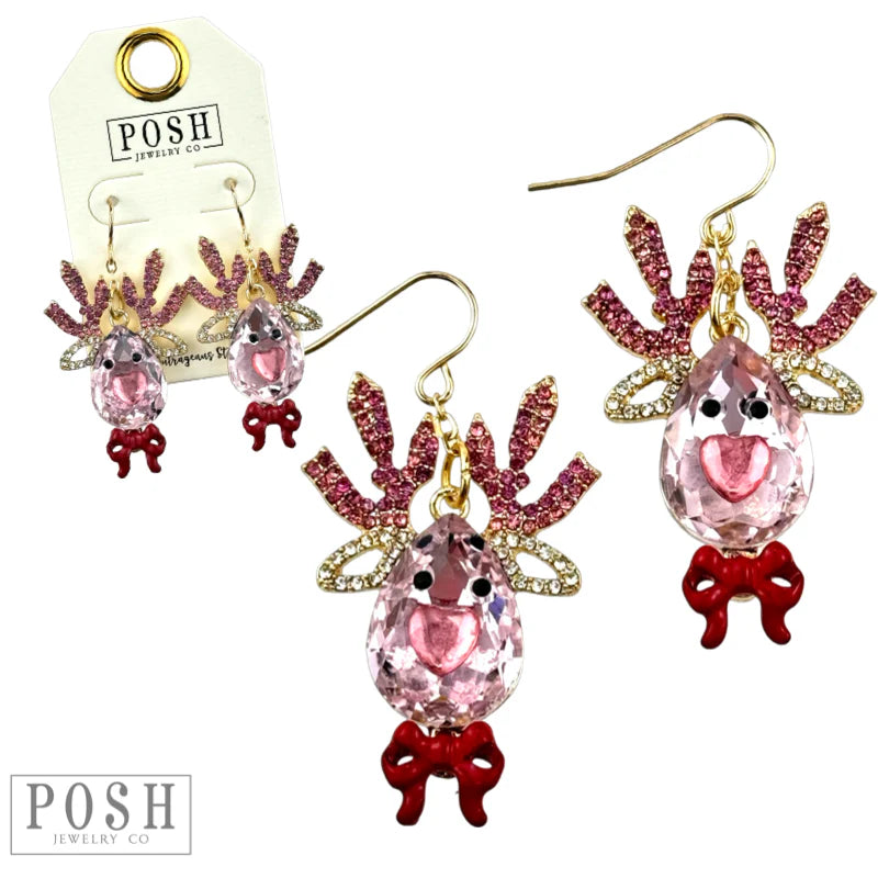Rhinestone Reindeer Earring Pink