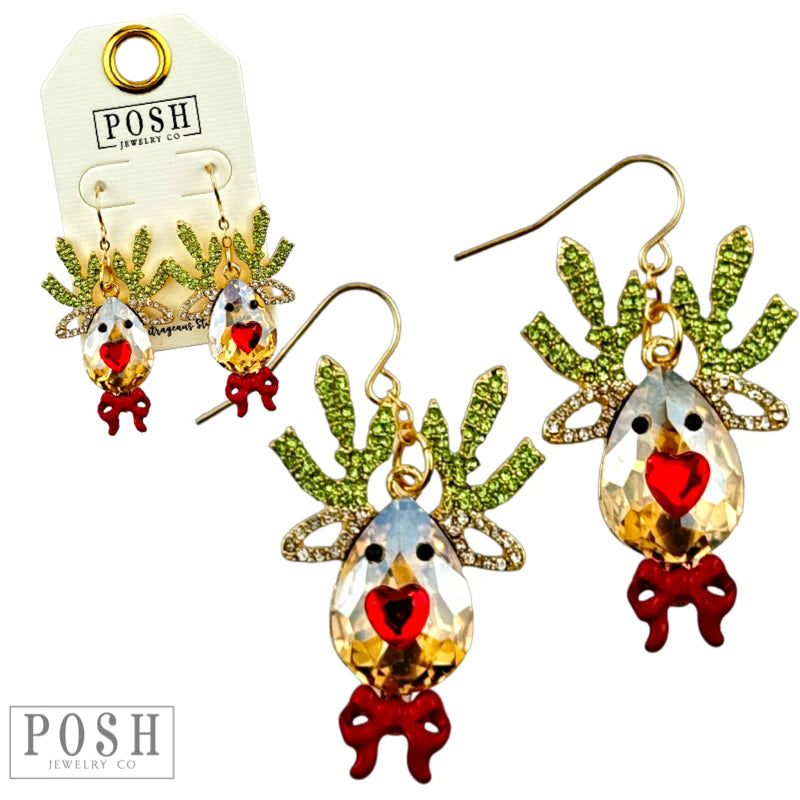 Rhinestone Reindeer Earring Green