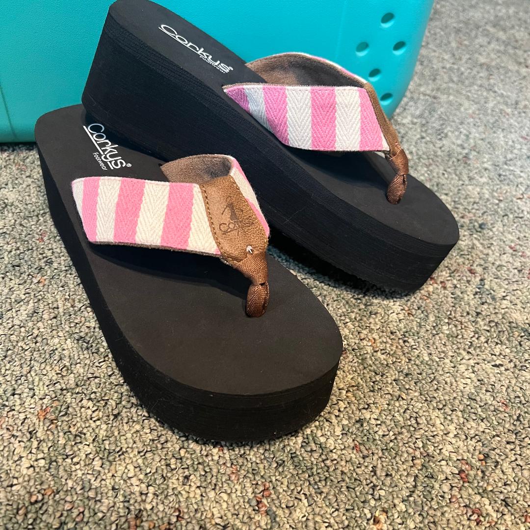 Take a Dip Pink Stripe Wedge Flip Flops