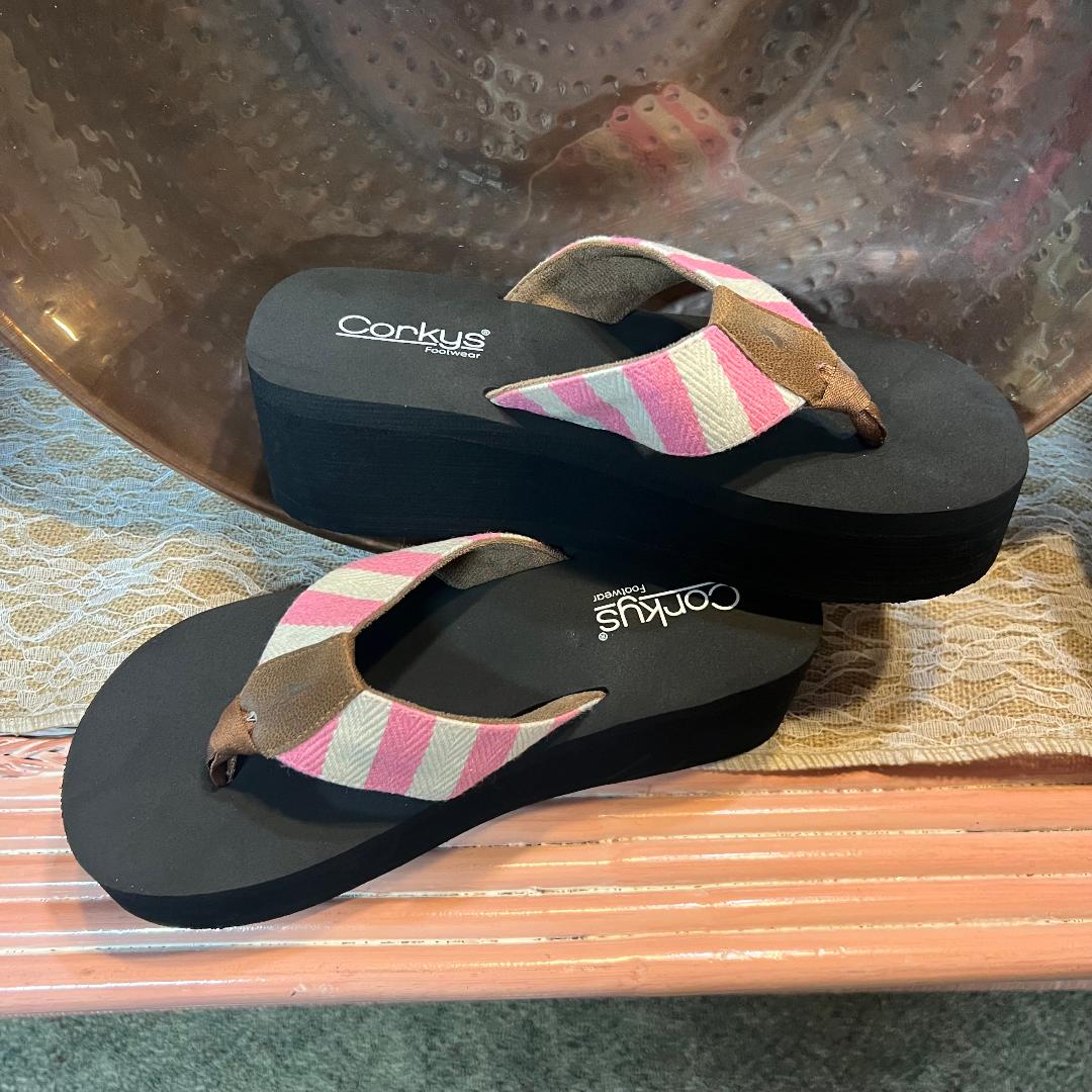 Take a Dip Pink Stripe Wedge Flip Flops