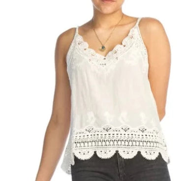 White Embroidered Cami with Lace Trim
