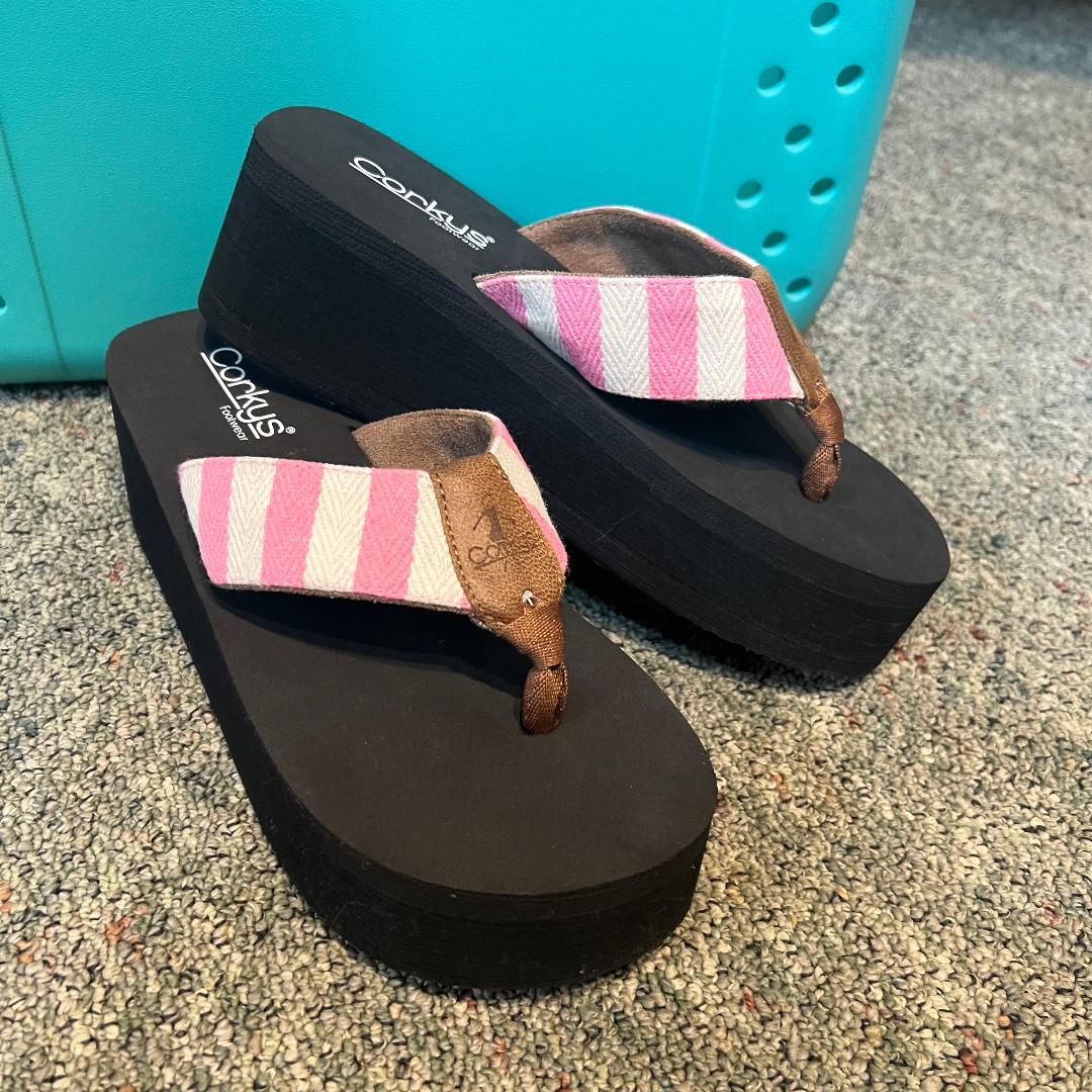 Take a Dip Pink Stripe Wedge Flip Flops