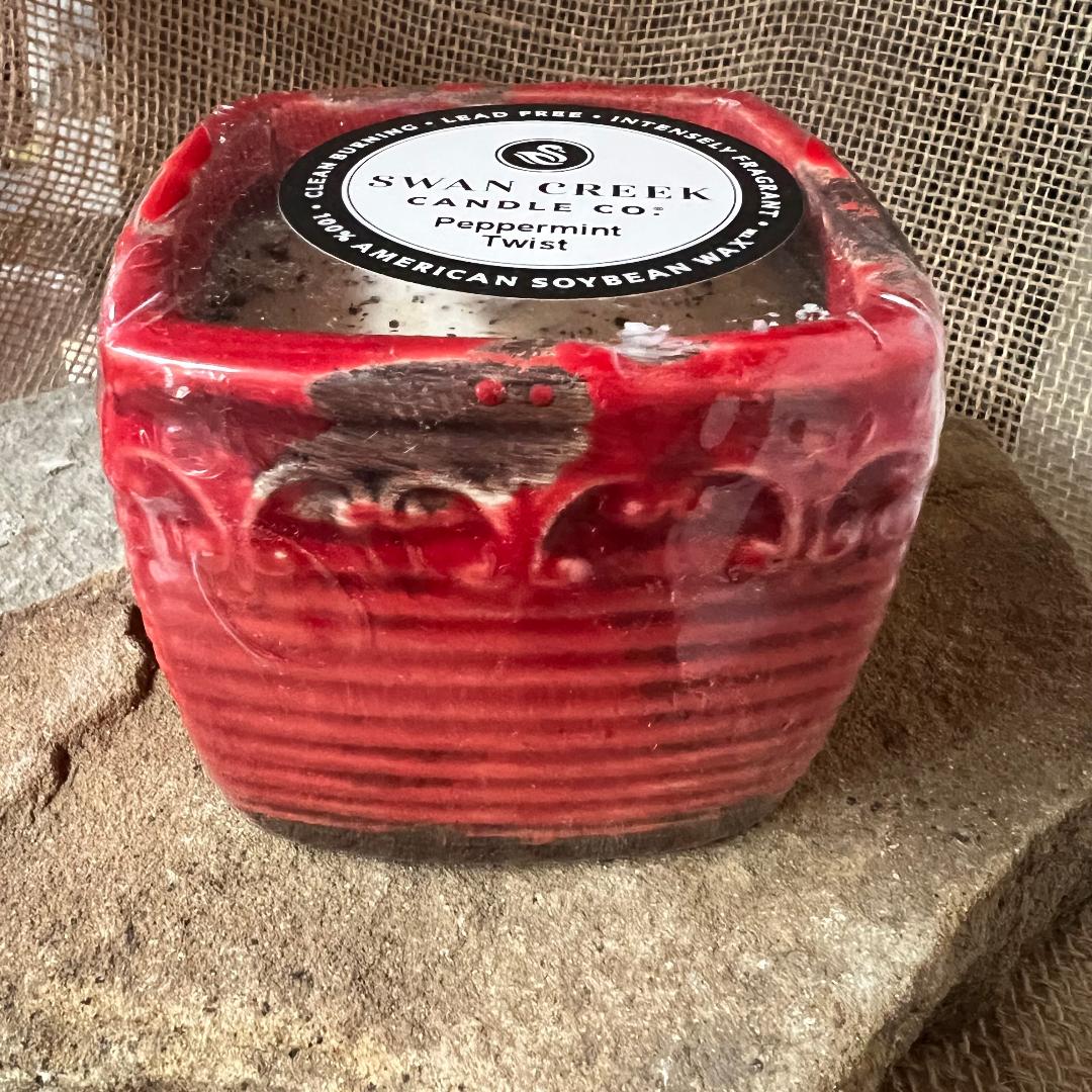 Vintage Red Square Peppermint Twist Candle Filled Pot