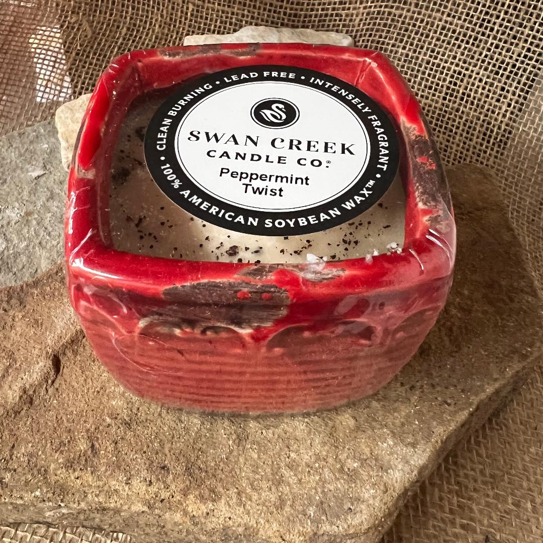 Vintage Red Square Peppermint Twist Candle Filled Pot