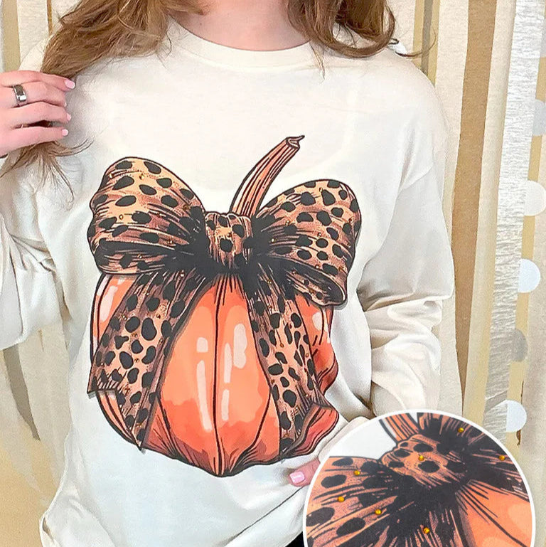 Pumpkin Cheetah Bow Rhinestone Graphic Long Sleeve Shirt