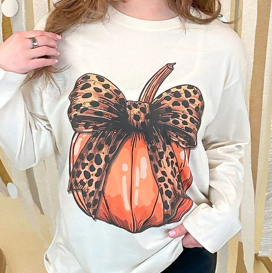 Pumpkin Cheetah Bow Rhinestone Graphic Long Sleeve Shirt