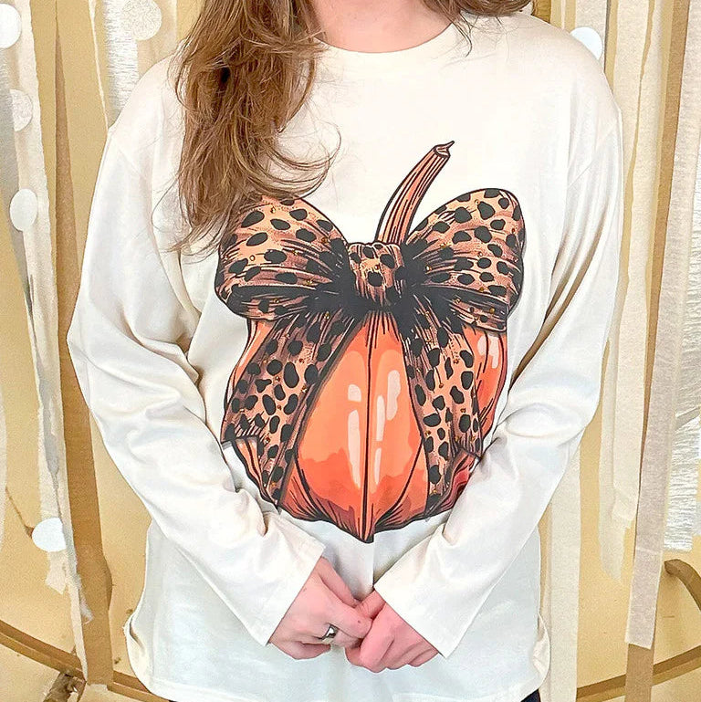 Pumpkin Cheetah Bow Rhinestone Graphic Long Sleeve Shirt