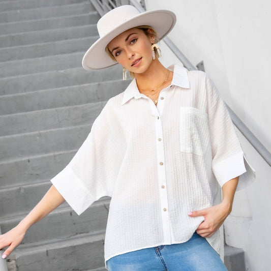 Pleated Batwing Short Sleeve Button Up Top