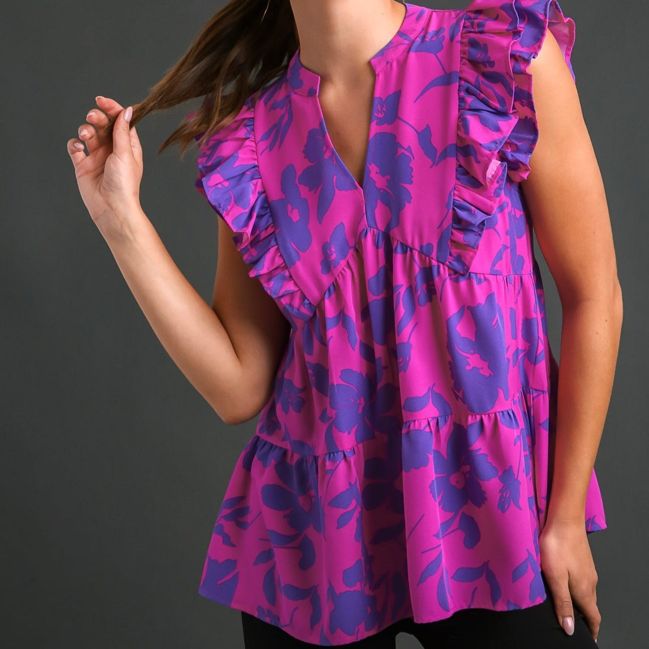 Floral Print Split V-Neck Double Layered Ruffle Sleeve Top
