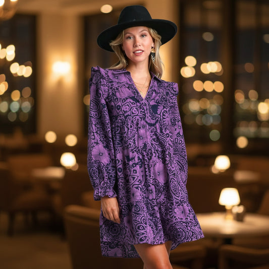 Mixed Print Flutter Ruffle Long Sleeve Dress- REG & PLUS SIZES