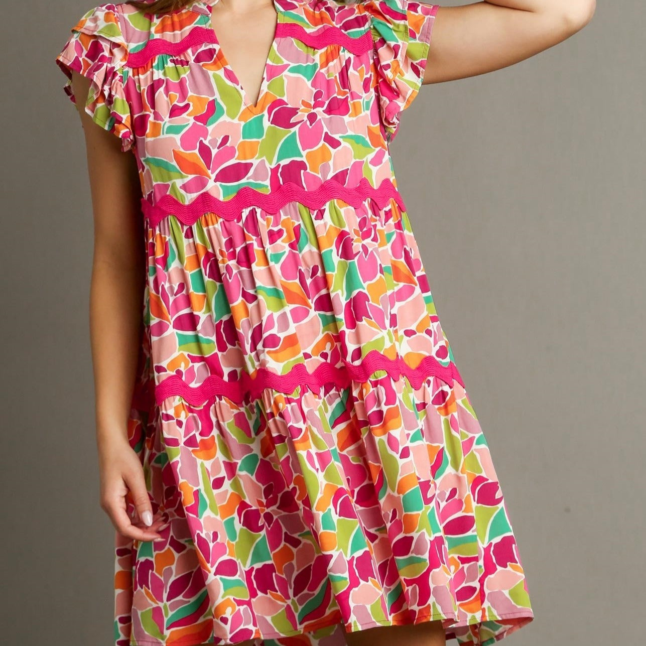 Abstract Print Tiered Split Ruffle Dress- REG & PLUS SIZES