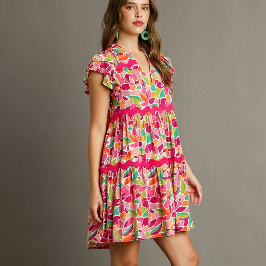 Abstract Print Tiered Split Ruffle Dress- REG & PLUS SIZES