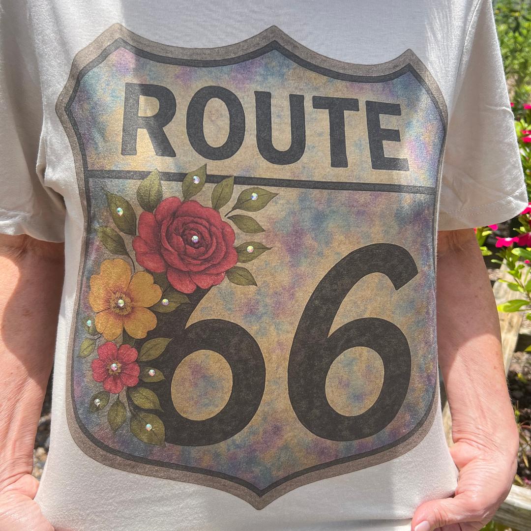Sand Route 66 Tee with Rhinestone Accents