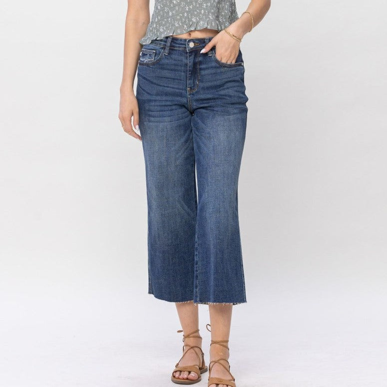 High Waist Pocket Embroidered Crop Wide Leg Jeans