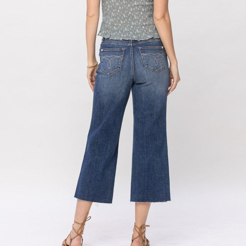 High Waist Pocket Embroidered Crop Wide Leg Jeans