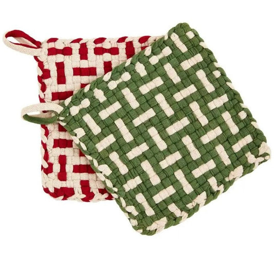 Woven Pot Holders Set of 2 Green & Red