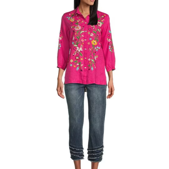 Embroidered Point Collar 3/4 Sleeve Button Front Tunic by John Mark