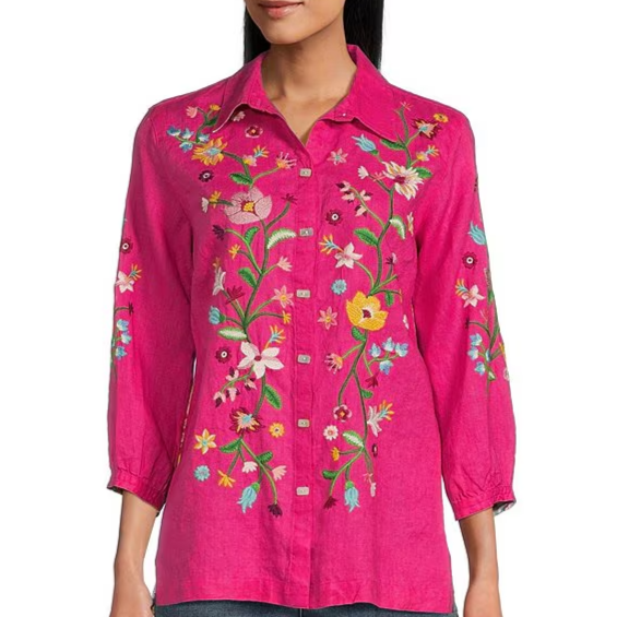 Embroidered Point Collar 3/4 Sleeve Button Front Tunic by John Mark