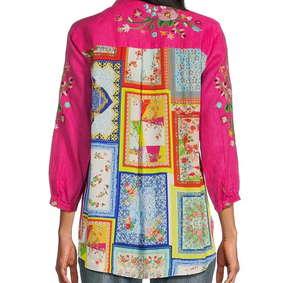 Embroidered Point Collar 3/4 Sleeve Button Front Tunic by John Mark