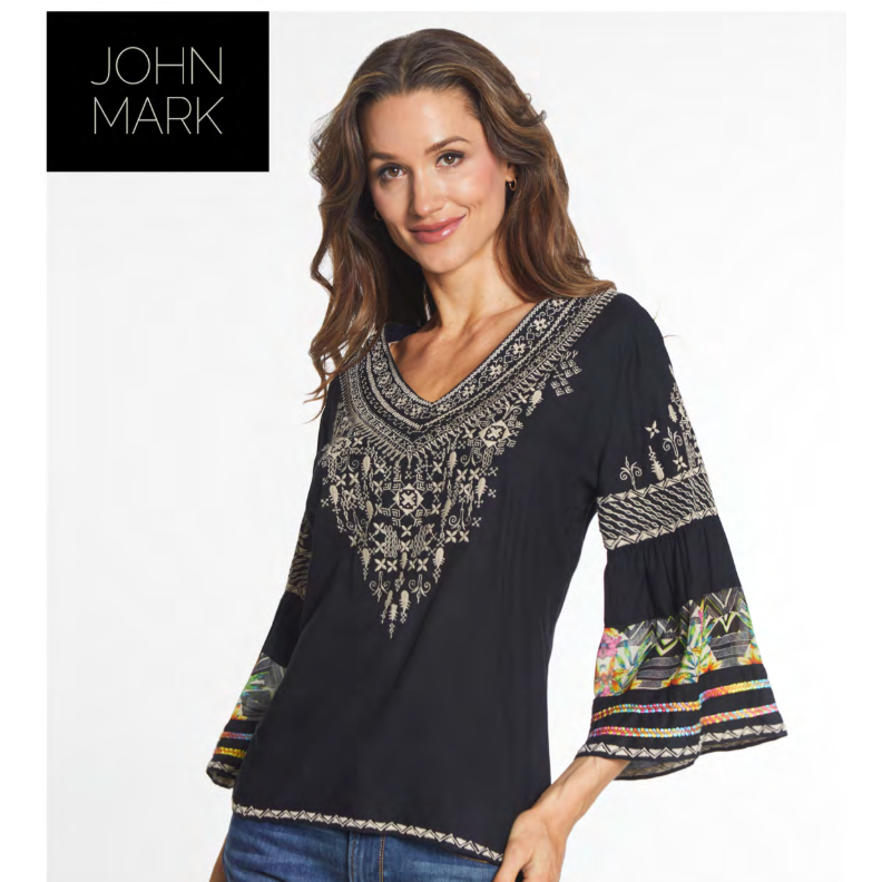 Black Embroidered V Neck W/ Flounce Sleeves