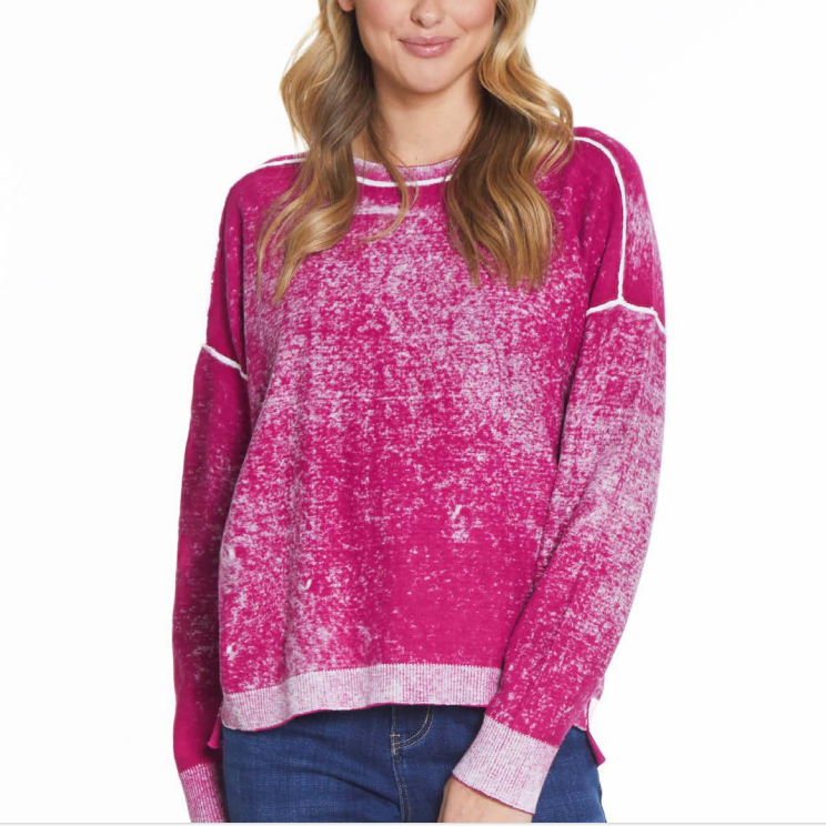 Solid Color Reverse Printed Fuchsia Sweater with Step Hem Top