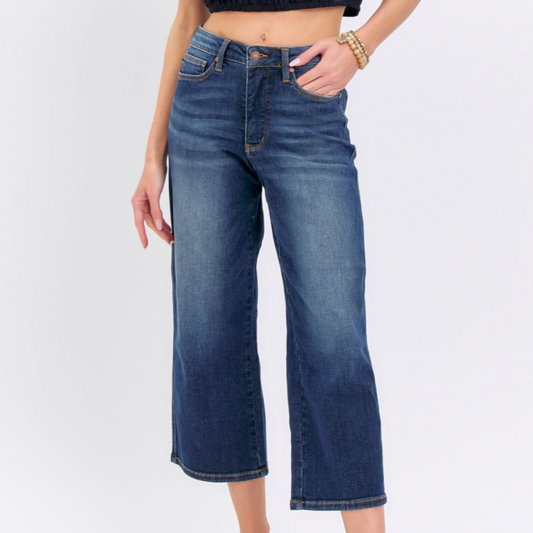 Mid Rise Tummy Control Crop Wide Leg Jeans