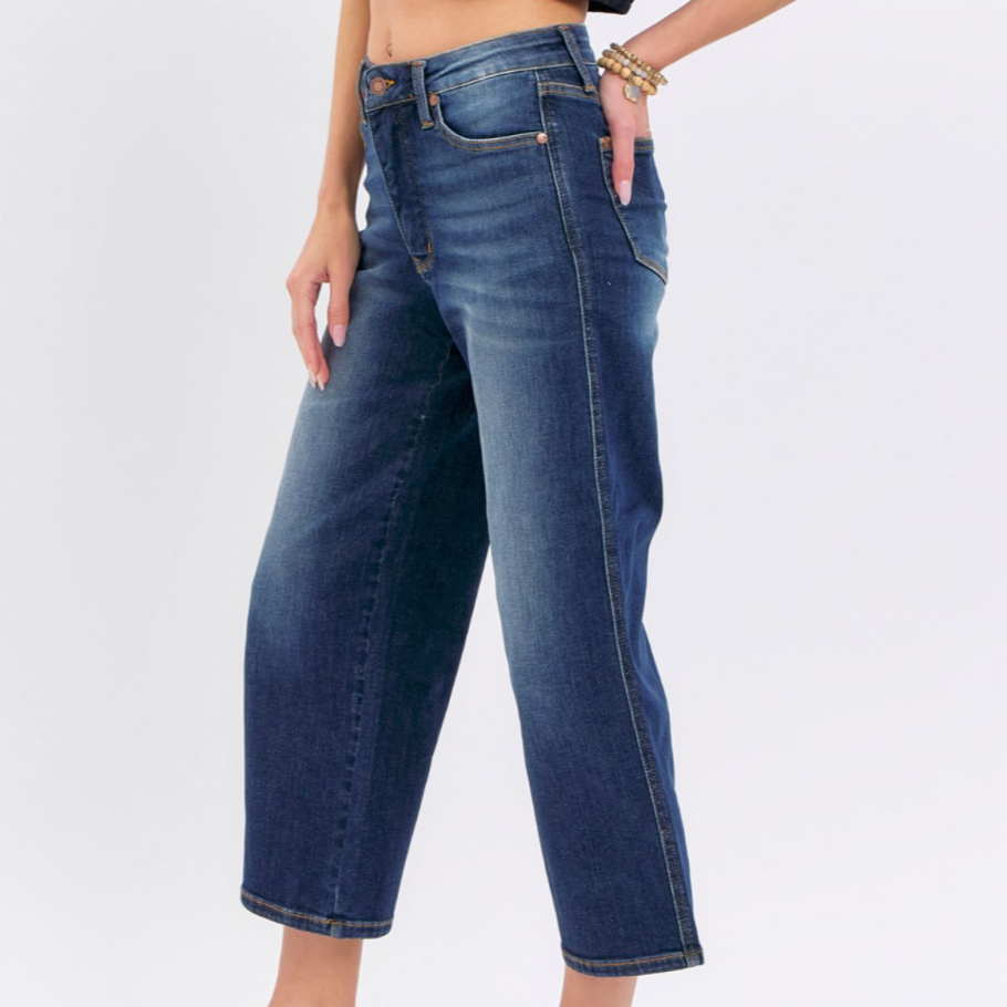 Mid Rise Tummy Control Crop Wide Leg Jeans