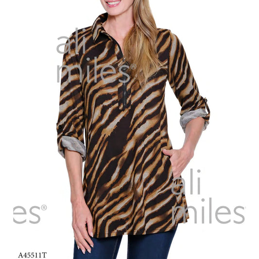 Ali Miles Knit Pop-Over Tunic with Zip Front and Point Collar