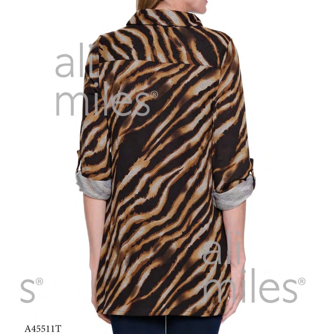Ali Miles Knit Pop-Over Tunic with Zip Front and Point Collar